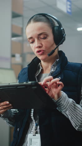 mujer trabajando en una tableta con un auricular