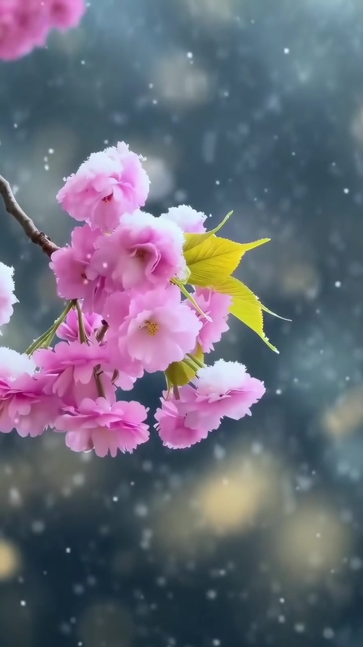 Kışın Karla Kaplı Pembe Kiraz Çiçekleri