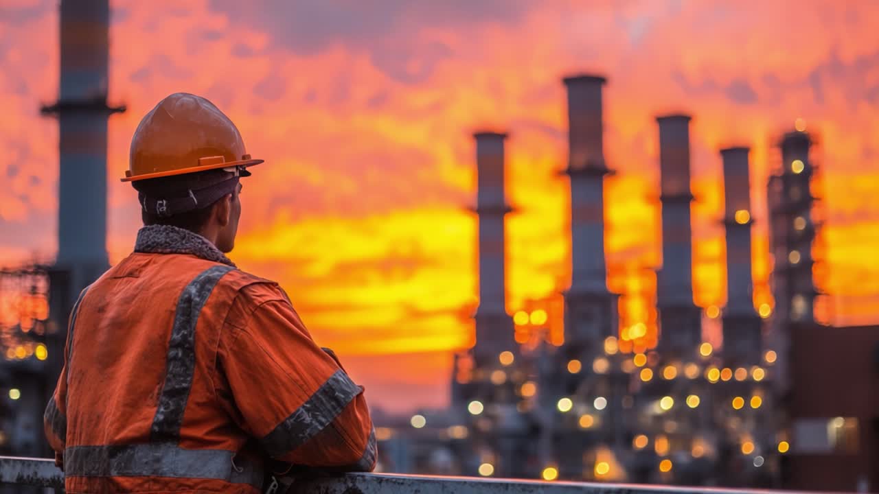 Une réflexion au crépuscule : Un ouvrier en équipement de sécurité observe un paysage industriel sur fond d'un magnifique coucher de soleil, avec des cheminées d'usine se découpant à l'horizon.