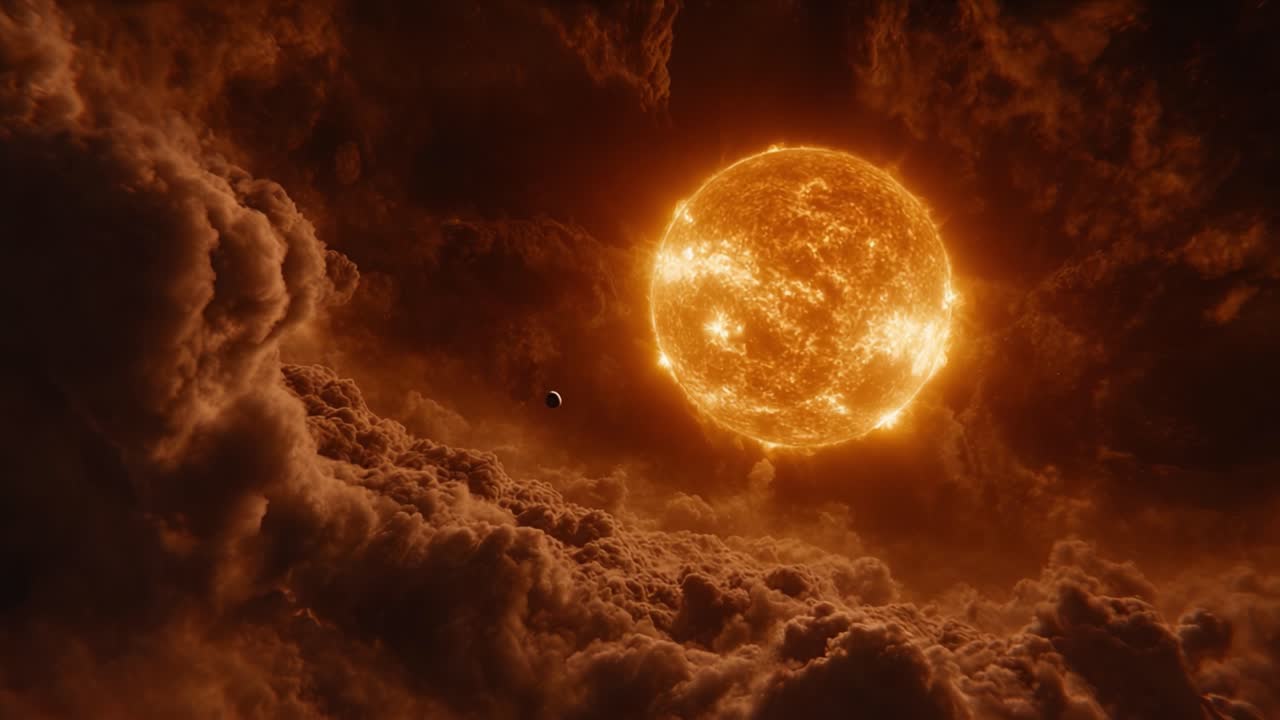A Spectacular Celestial Scene Featuring a Radiant Sun Surrounded by Dramatic Clouds, Illuminating the Vastness of Space with Its Brilliant Glow and Cosmic Wonder