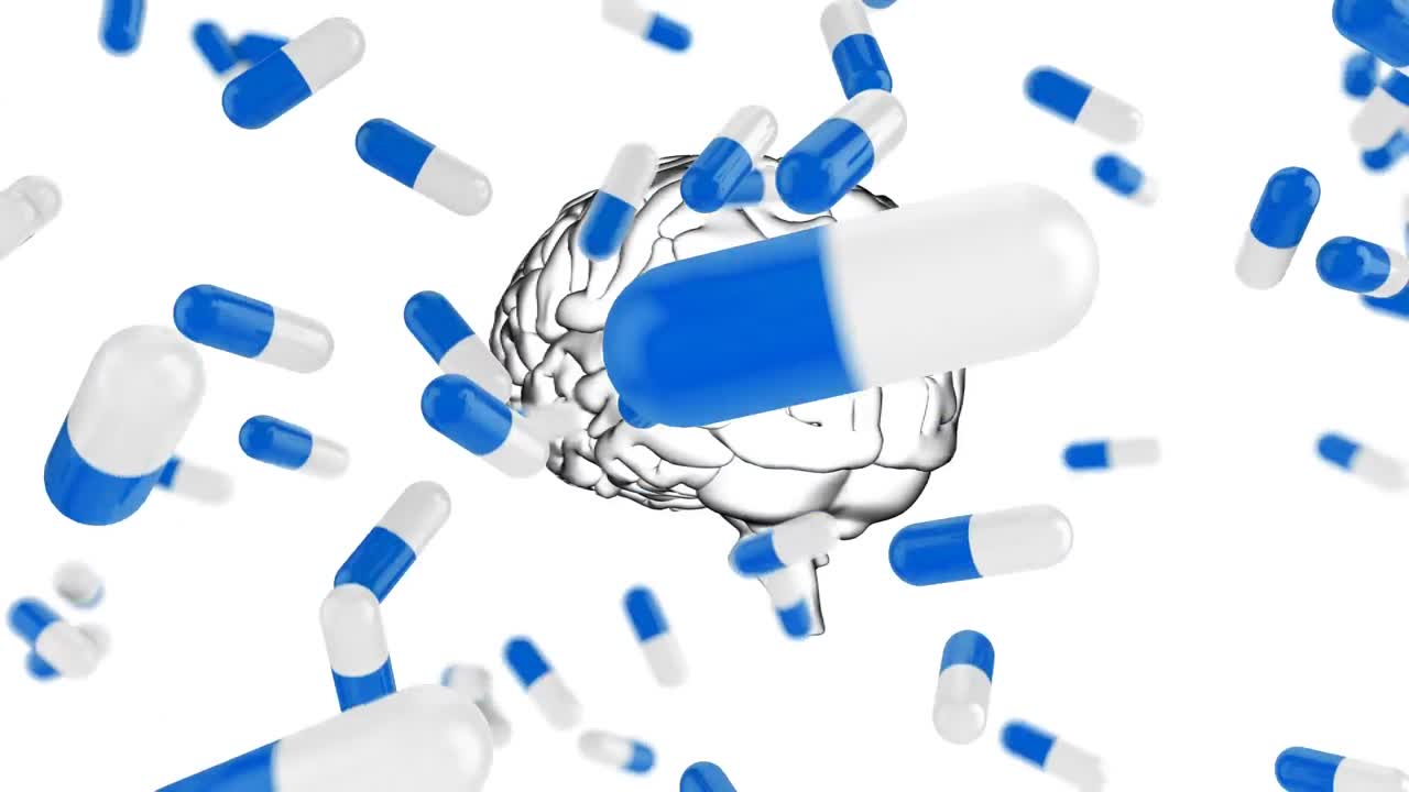 Vários ícones de pílulas médicas caindo sobre um ícone de cérebro humano girando em um fundo branco