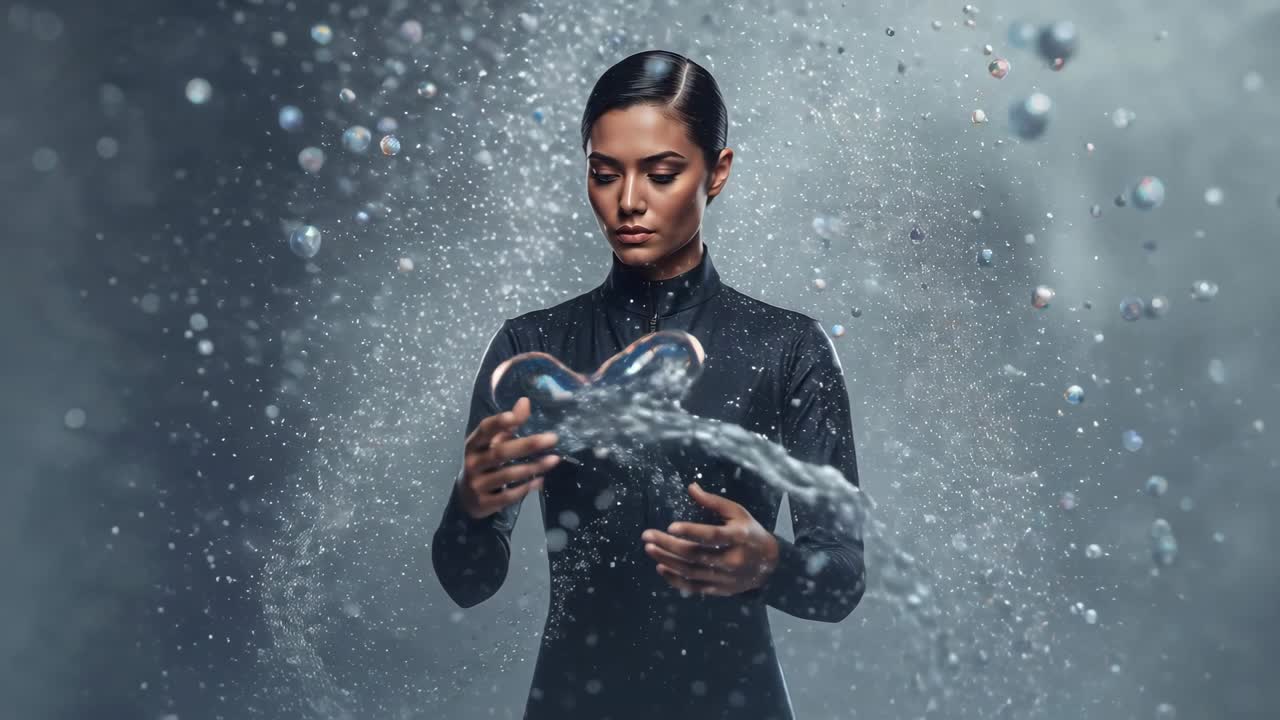 Intercettazione di una bolla d'acqua fluttuante, artista che forma archi e goccioline in studio, in body nero