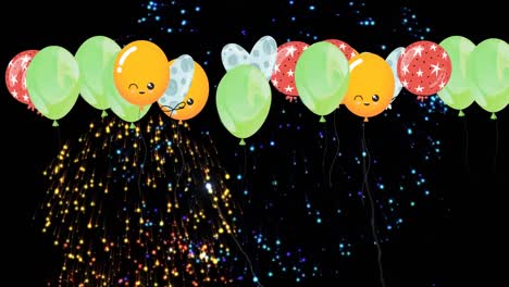 Animation-of-colorful-balloons-flying-and-fireworks-over-black-background