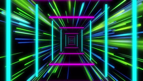 Animation-of-colourful-neon-light-trails-and-digital-tunnel-over-black-background