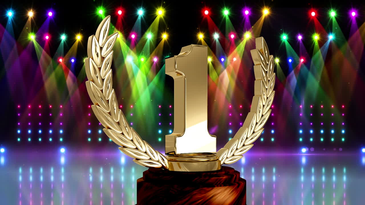 Animation of first place award trophy at floodlit winners' prize giving ceremony