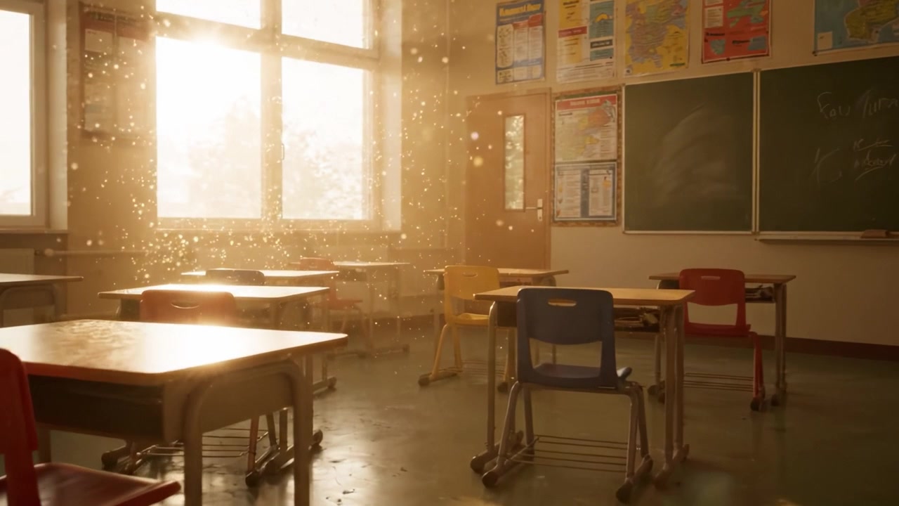 Un'Aula Serena Bagnata da Luce Calda: Esplorando l'Atmosfera Calma e la Quieta Bellezza di uno Spazio Educativo Vuoto sotto il Sole del Mattino.