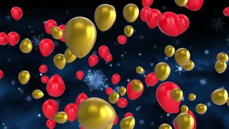 animation of red and golden balloons flying over snow