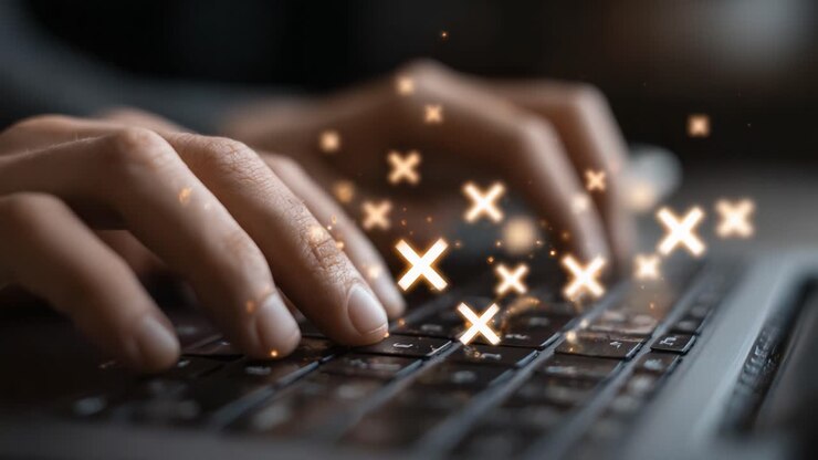 Hands Typing on a Keyboard Surrounded by Glowing Symbols, Illustrating Digital Interaction and the Power of Technology in Modern Communication