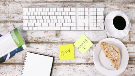 keyboard, cup of tea, bread and sticky notes with good morning