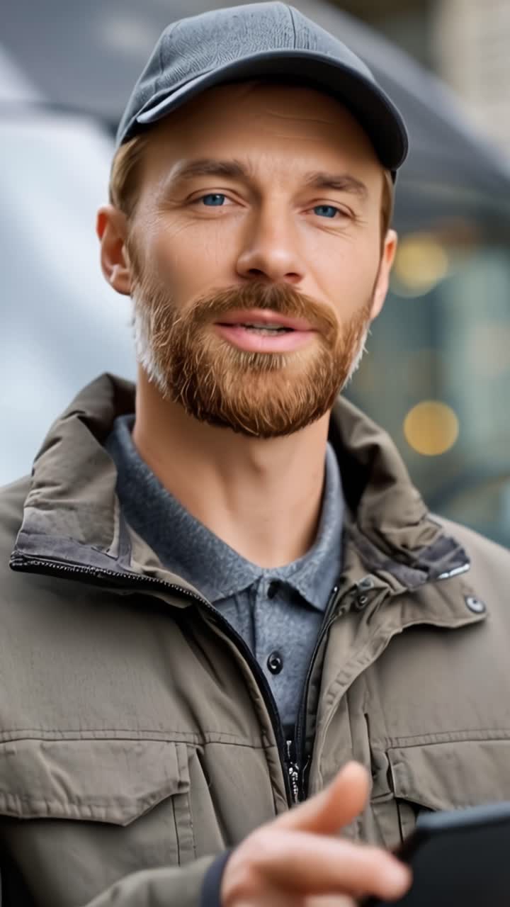 En mann med skjegg og et smil iført lue, engasjert med en enhet i forgrunnen, med et uskarpt kjøretøy i bakgrunnen som antyder urban aktivitet.