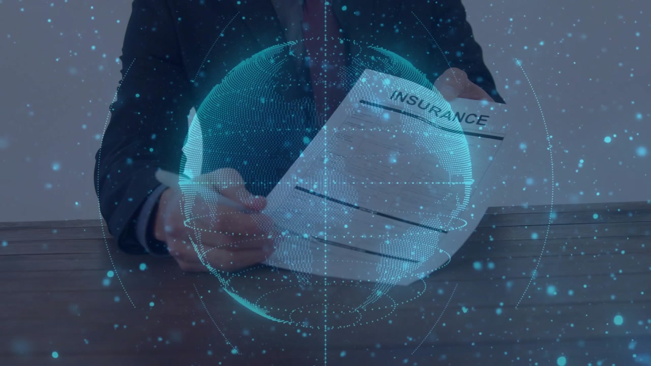 Rotating globe network fading in over desk, man in suit signing insurance form as hologram orbits