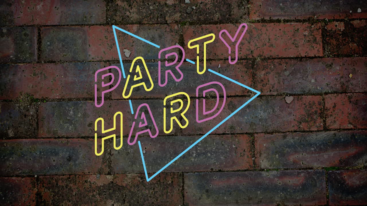 Animation of party hard text over brick wall