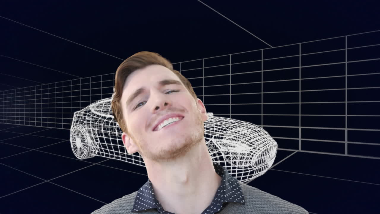 웃는 백인 남자의 애니메이션과 자동차와 그리드의 3d 드로잉 모델에 대한 연결