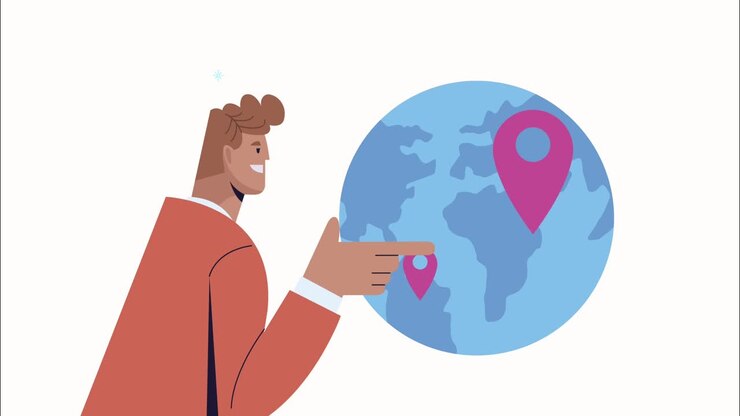 young man character with pins location in earth planet