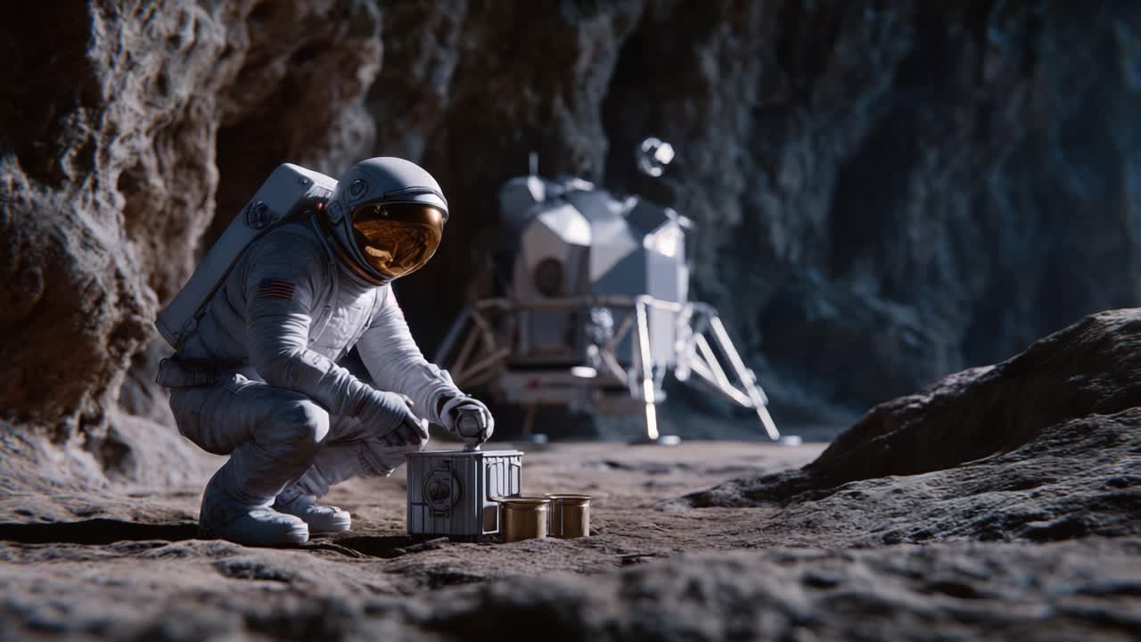 Un astronauta esamina attrezzature scientifiche sulla superficie lunare, preparandosi per l'analisi mentre il modulo lunare si erge nel paesaggio roccioso retrostante
