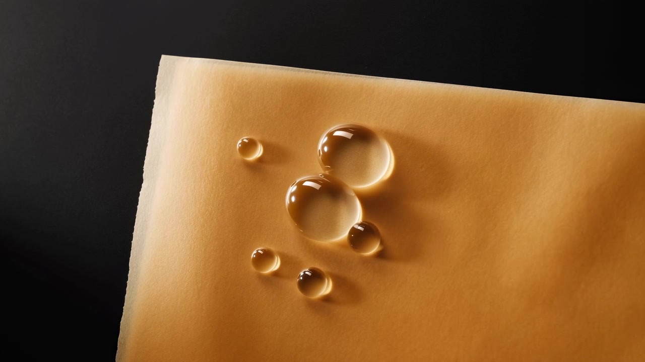 Primo piano di goccioline trasparenti che riposano su carta beige testurizzata, con riflessi tenui, spazio negativo scuro e una composizione pulita e minimalista.