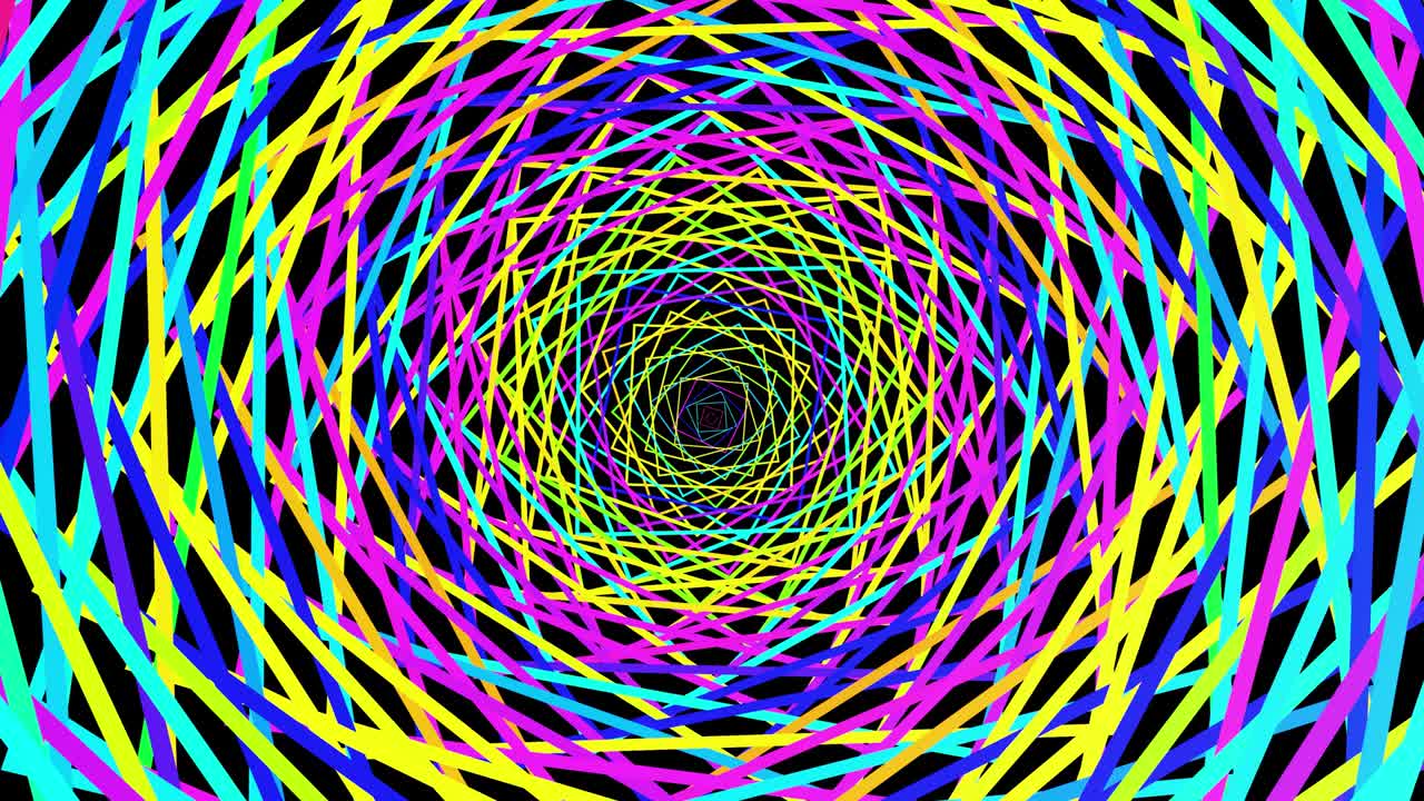 abstract geometric looped bg with rings form complex twisted spiral and light effects. Rings flash neon multicolor lights. Neon ring bulbs for show or events, festivals or concerts, vj night clubs.