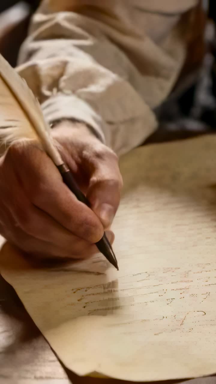 Vertical video: Nib touching right hand scribing text at desk feather quill parchment cuffed shirt