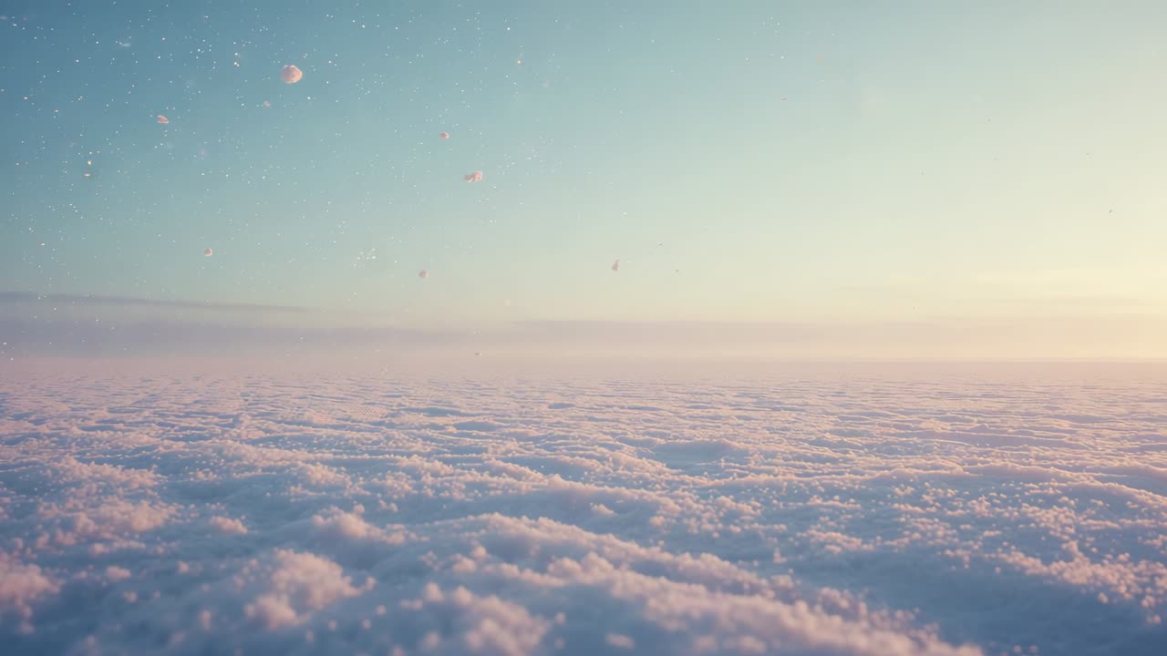 Gliding drone camera revealing pastel clouds at dawn, drifting pink particles above horizon
