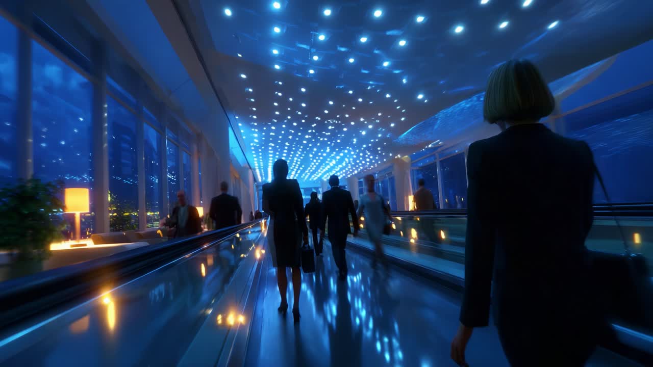 An Enchanting Voyage Through a Modern Indoor Space with Ethereal Blue Lighting, Showcasing Silhouetted Figures Walking Along an Escalator Amidst a Captivating Atmosphere of Elegance and Sophistication