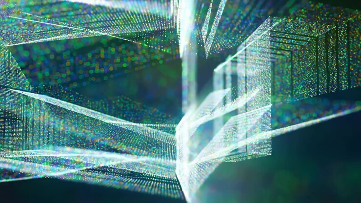 Fine glowing dots form sweeping mesh bands and stacked rectangular planes that shift gradually across the frame, with bright white edges, soft green haze, and deep layered perspective.