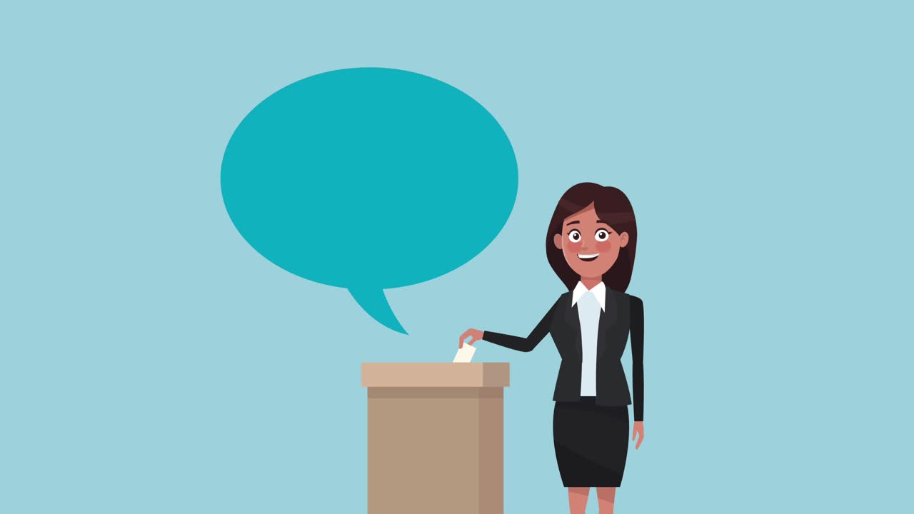 female candidate speaking with speech bubble and poster