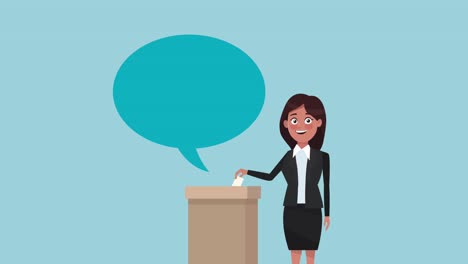 female candidate speaking with speech bubble and poster