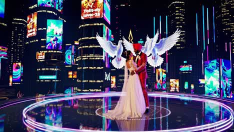 couple dancing in a futuristic cityscape wedding
