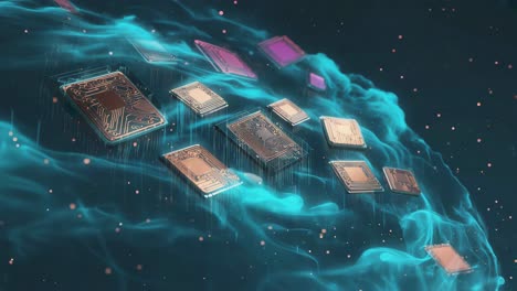 futuristic digital microchip network in blue abstract space
