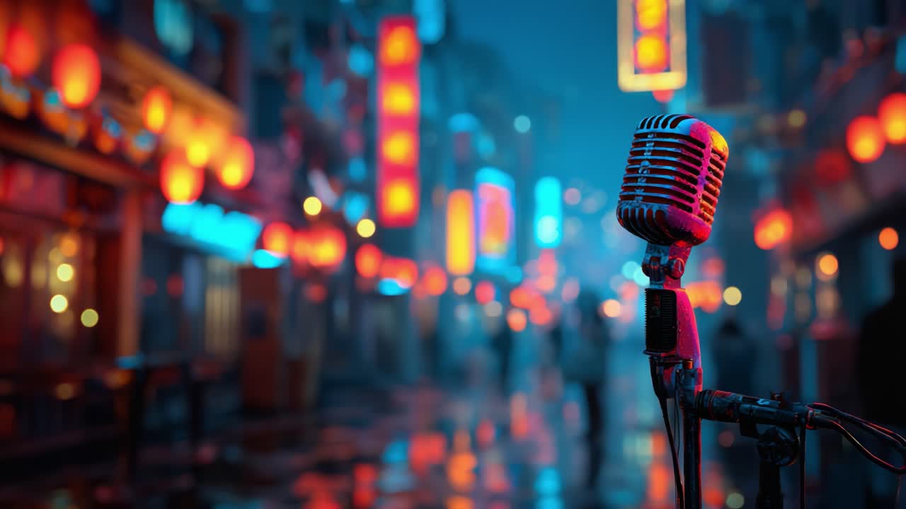 A classic microphone stands illuminated in a vibrant, bustling street adorned with glowing lanterns, creating an ambiance of music and celebration amidst the evening fog