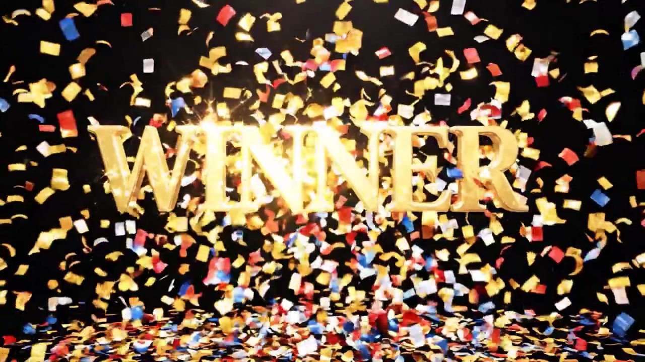 Celebratory Announcement of a Victor with Festive Confetti Displaying 'Winner' in Bold Golden Letters Against a Dark Background