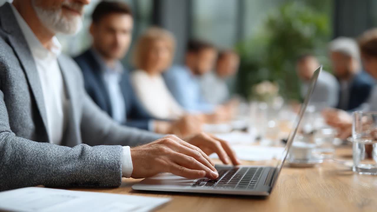 Engaged Professionals Collaborate in a Modern Conference Room, Focusing on Technology and Innovation through Dynamic Discussions on Laptops