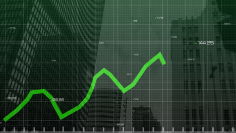 Animación-Del-Procesamiento-De-Datos-Estadísticos-Frente-A-Una-Vista-De-ángulo-Bajo-De-Edificios-Altos.