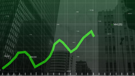animación del procesamiento de datos estadísticos frente a una vista de ángulo bajo de edificios altos