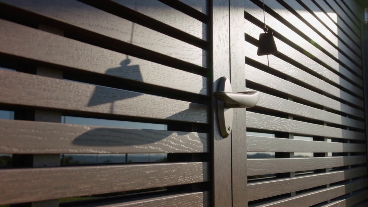 Campana che oscilla nella brezza, proiettando un'ombra in movimento su una cornice di persiana in legno sul patio, con manico d'argento.