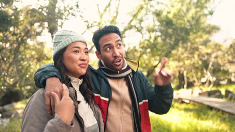 happy, relax and hiking with couple in nature