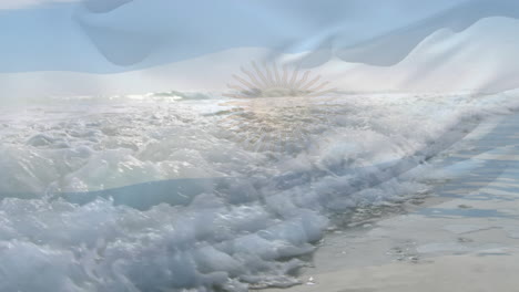 digital composition of argentina flag waving against aerial view of waves in the sea