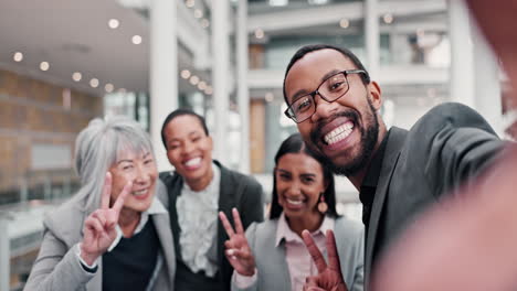 business people, selfie and peace sign with group