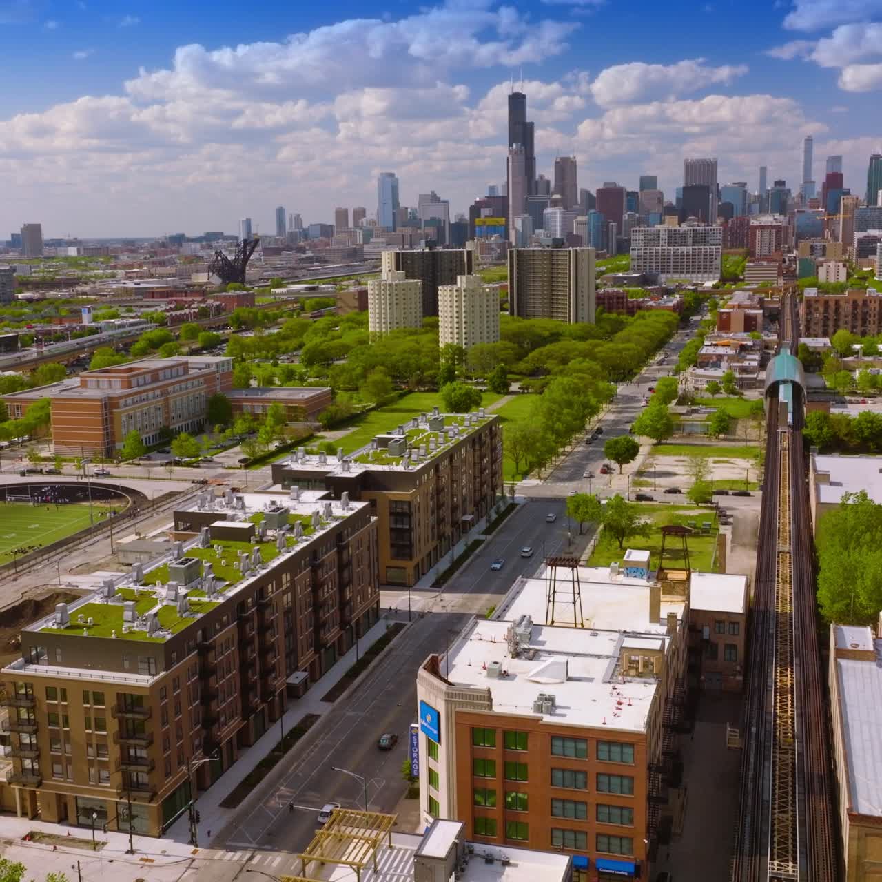 Beautiful panorama of Chicago, Illinois on sunny summer day. Tremendous skyscrapers at backdrop