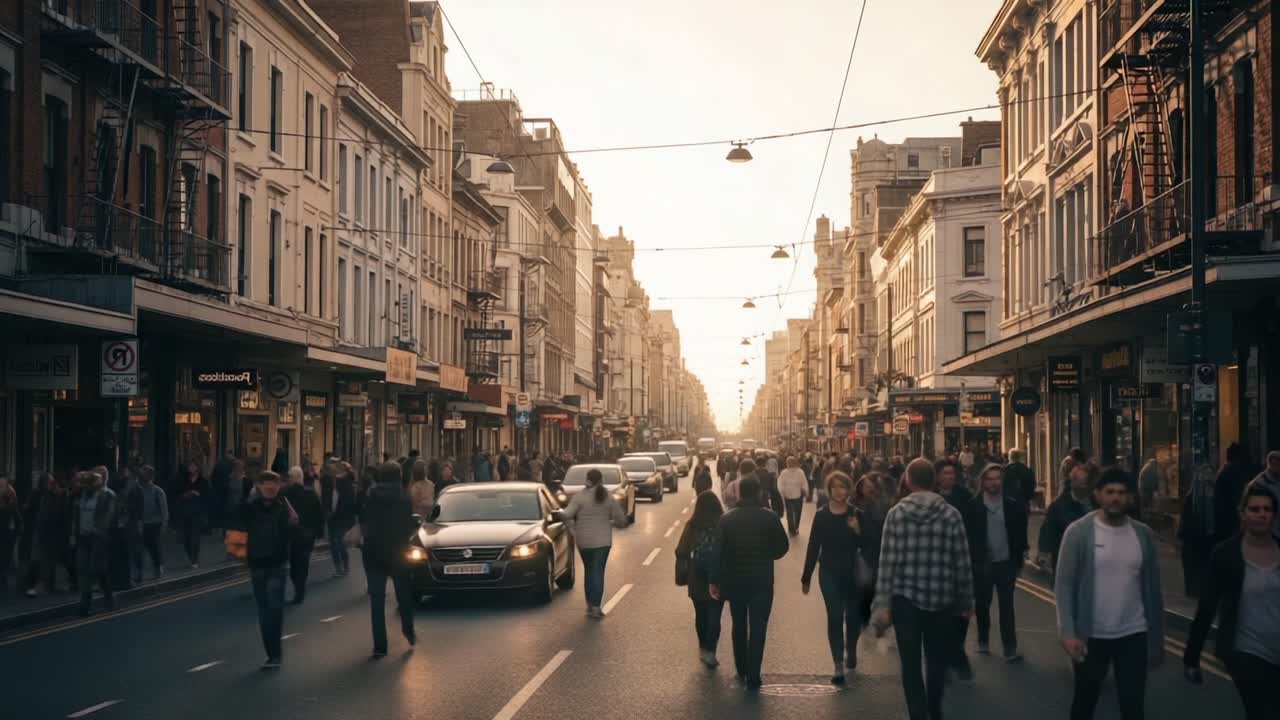 A Busy Urban Street at Dusk: A Bustling Scene of Cars and Pedestrians in a Lively City Center During Golden Hour