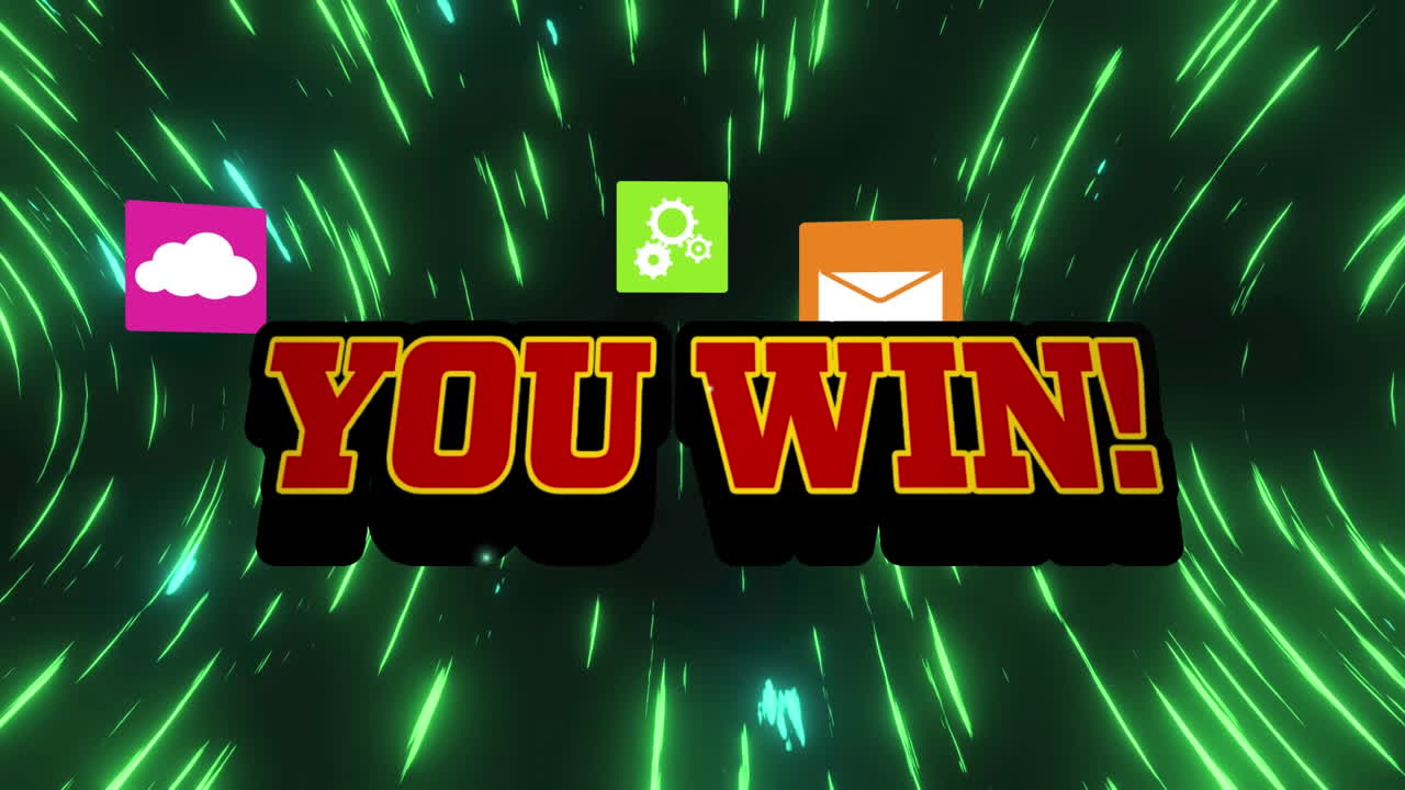 폭발적인 모양의 애니메이션으로 텍스트와 컴퓨터 아이콘을 빛나는 조명 루프에 맞춰 니다.