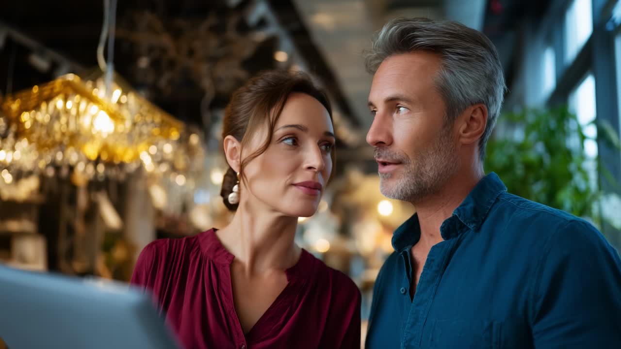 A Couple Engages in a Thoughtful Conversation in an Elegant Environment, Exploring Ideas with Interest and Engagement, Set Against a Stylish Background of Soft Lighting and Contemporary Decor