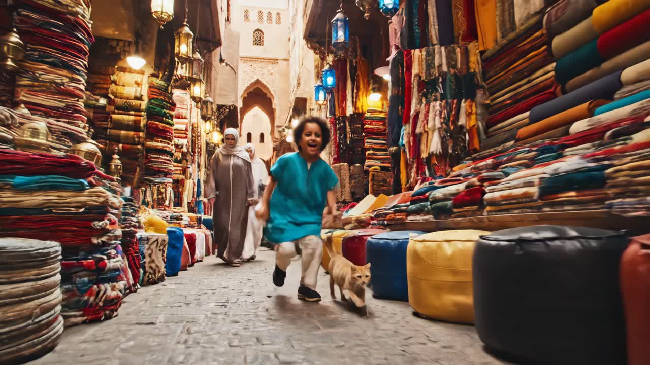 Boy running in a Moroccan market with a cat