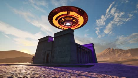 un ovni proyectando luces coloridas, flotando sobre las ruinas de templos egipcios antiguos en el desierto al atardecer, con un alienígena de pie ocioso y mirando, animación 3d, paisaje animado, cámara dolly derecha