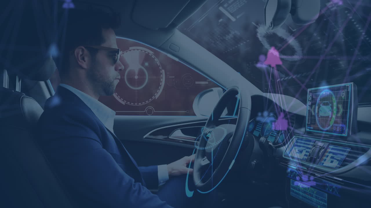 animación de pantallas de información con un hombre usando un coche de conducción autónoma