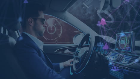 animación de pantallas de información con un hombre usando un coche de conducción autónoma
