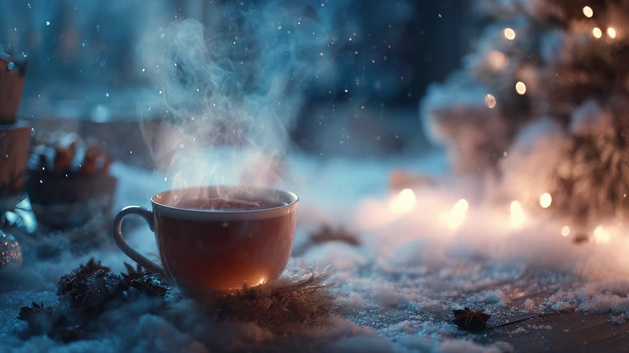 A Cozy Winter Scene Featuring Steam Rising from a Warm Cup of Beverage Surrounded by Snow, Holiday Lights, and a Beautifully Decorated Tree