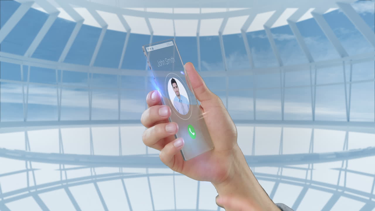 디지털로 생성된 배경을 배경으로 미래의 휴대폰을 손에 들고 있습니다.