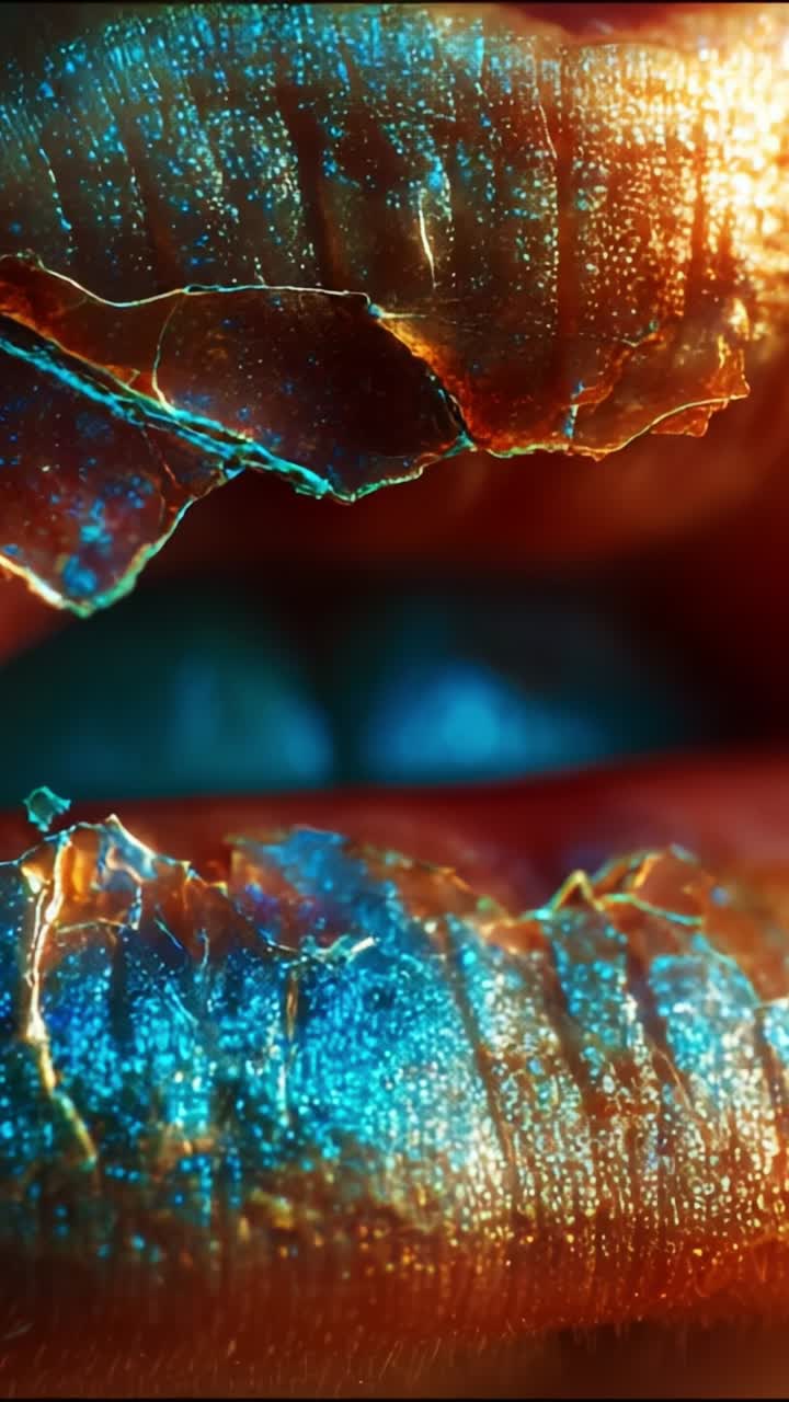 Stunning Close-Up of Cracked Lips with Shimmering Blue and Orange Highlights Capturing the Intrigue of Unique Beauty and Textural Contrast in Makeup Artistry