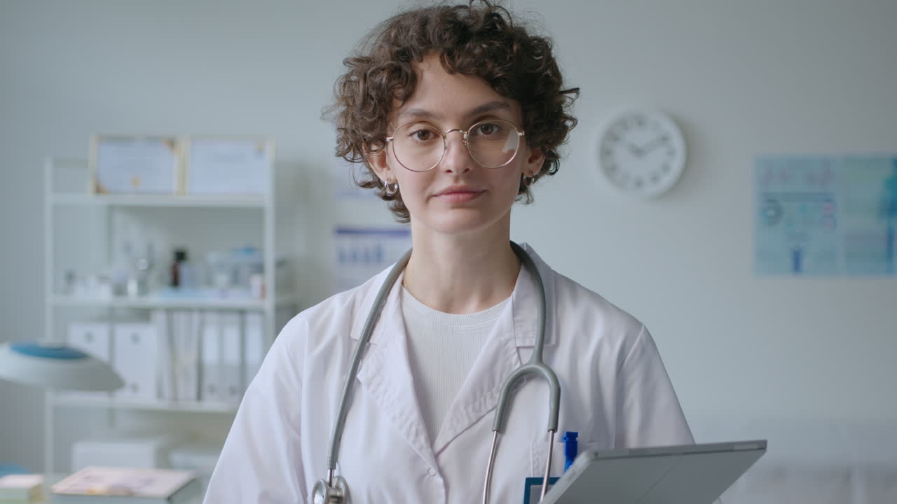 Portrett av ung kvinnelig lege med digitalt nettbrett i klinikk